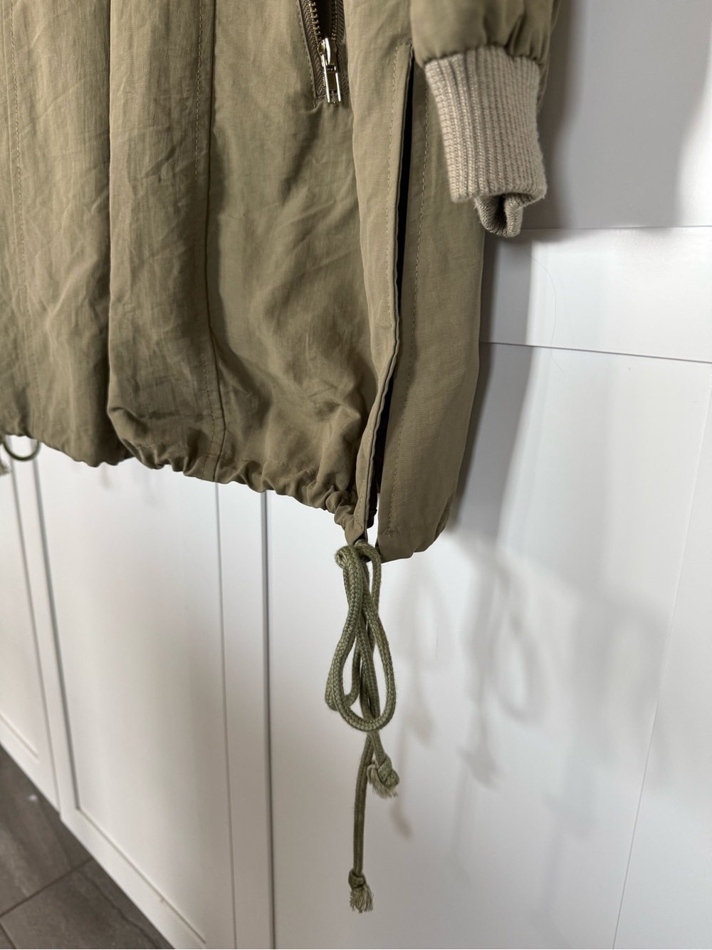 Olive Green/ Khaki Drawstring Hooded Fall Utility Jacket - mid-length - Picture 10 of 11